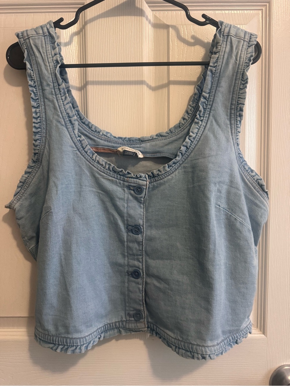 American Eagle Outfitters Light Blue Ruffle-Trim Button Denim Stretch Tank